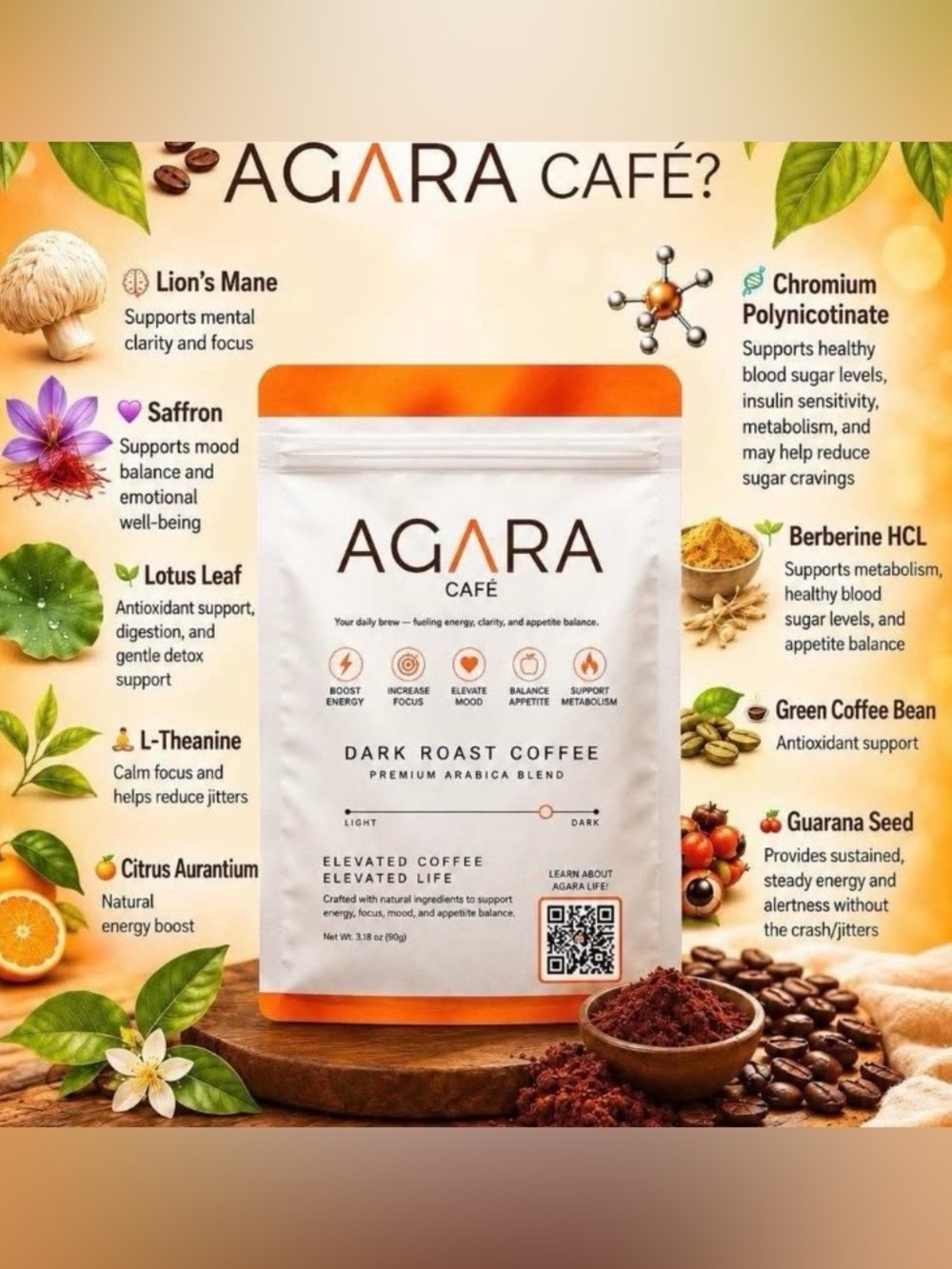 Agara Cafe Dark Roast Coffee Functional Wellness 3.18 oz / 30 servings USA Made